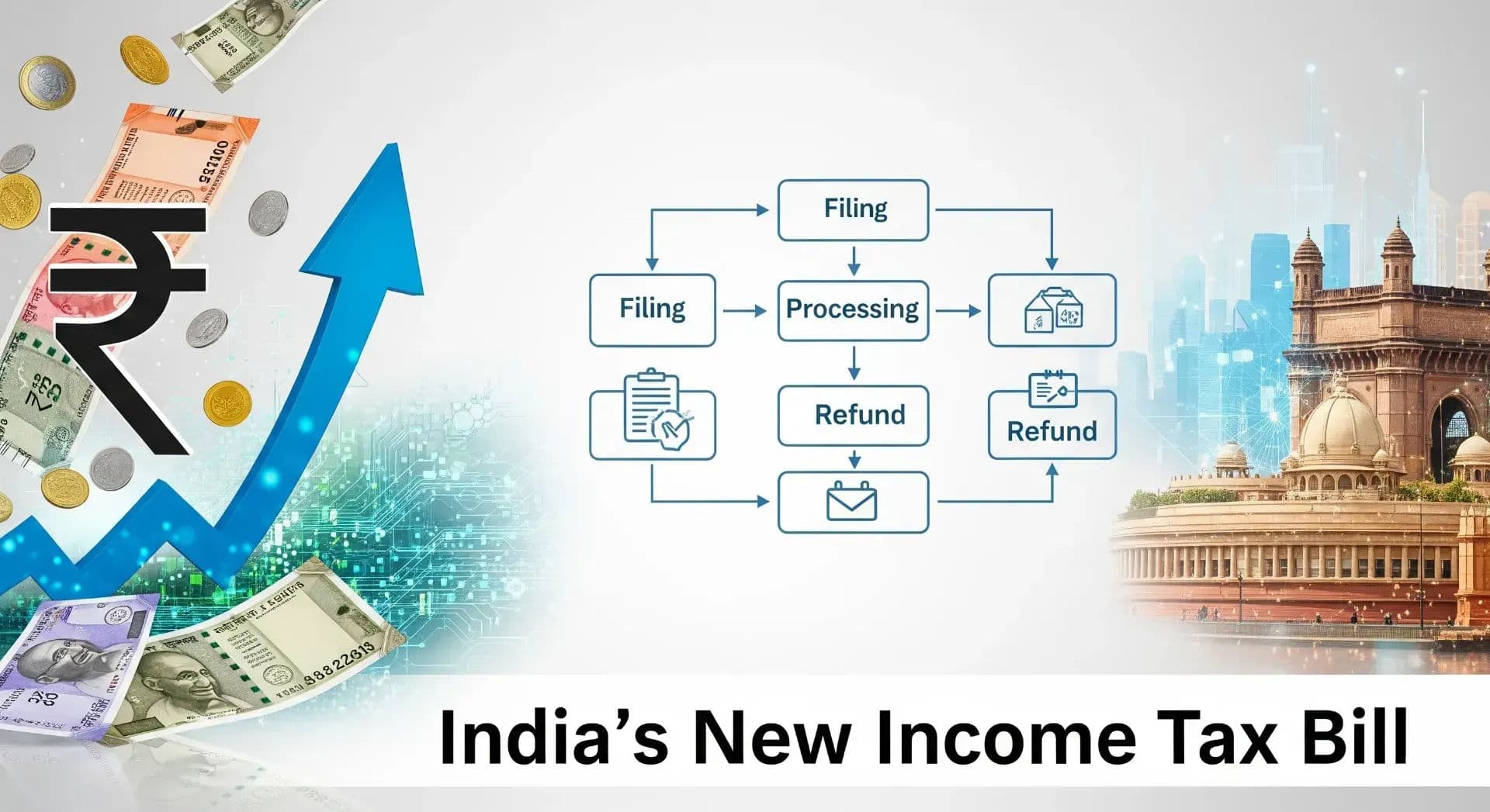 India's new Income Tax Bill, showing a simplified digital tax process flowchart and an upward-trending graph with Indian Rupees, representing economic growth and digital tax reform.