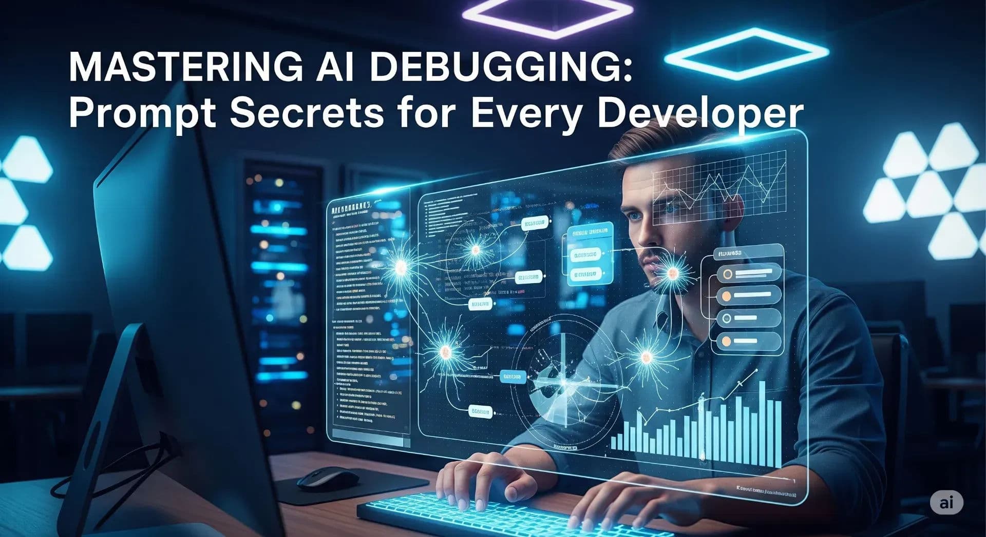 A developer using an advanced AI interface on a computer to debug lines of code, symbolizing the future of AI-powered software development.